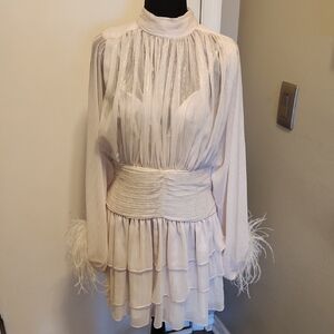 A Loves A Brand White Gold Shimmer Feather Mini Dress Tiered Party Dress Size M
